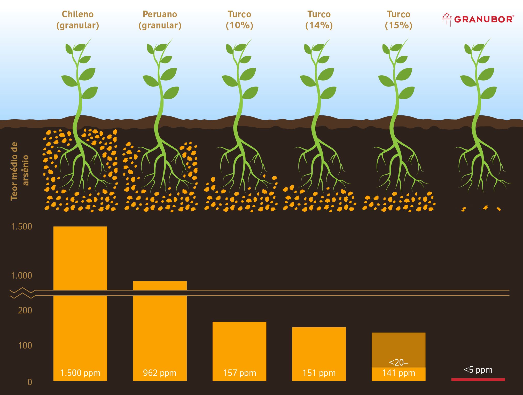 Média do teor de arsênico chileno (1.500 ppm), peruano (962 ppm), turco 10% (157 ppm), turco 14% (151 ppm), turco 15% (entre 20 e 141 ppm) e do Granubor (menos de 5 ppm)